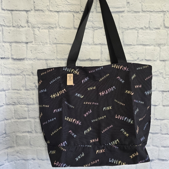 PINK Victoria's Secret Logo Love Pink Black Tote Bag Zip Close New - Picture 7 of 12
